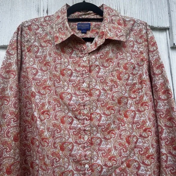 Pendleton Womens XL Orange Paisley Cotton Button Down Long Sleeve Shirt Pocket - Picture 5 of 8